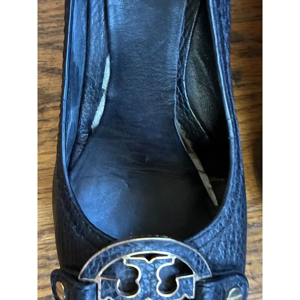 Tory Burch Amanda Black Leather Logo Peep Toe Wedge Heels Shoes  Women's Size 11